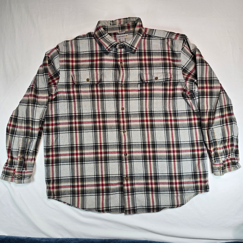 Carhartt Mens 2XL Original Plaid Flannel Shirt Grey Red Long Sleeve 102215 029